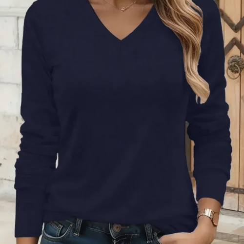 Spring Autumn 100% Cotton V-Neck Long Sleeve T-Shirt Simple Commute Style Comfortable Top Daily Versatile Slimming Basic Model