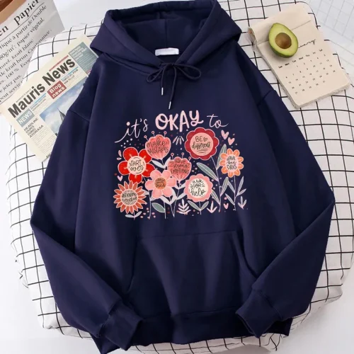 Women's Casual Long Sleeve Hoodies Vintage Graphic Y2k Hooded Pullovers Ditsy Floral and Alphabet Print Sweatshirts 90s Clothes