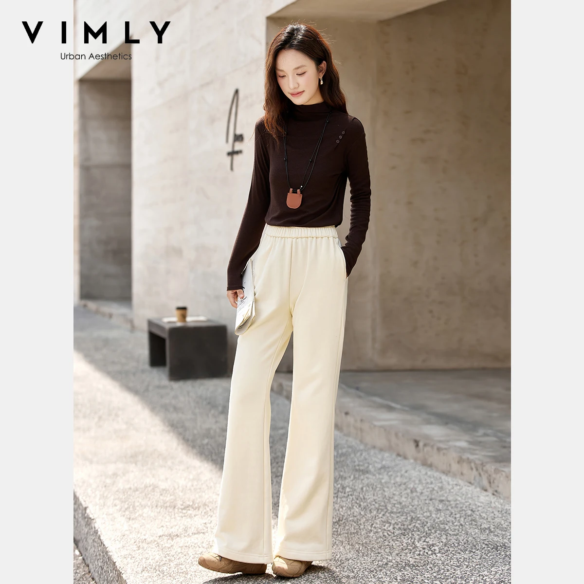 VIMLY Flared Women Apricot Pants Autumn 2025 New Elegant Strecth Knitted Casual Long Pants Fashion Pockets Woman Trousers A2855 - Image 4