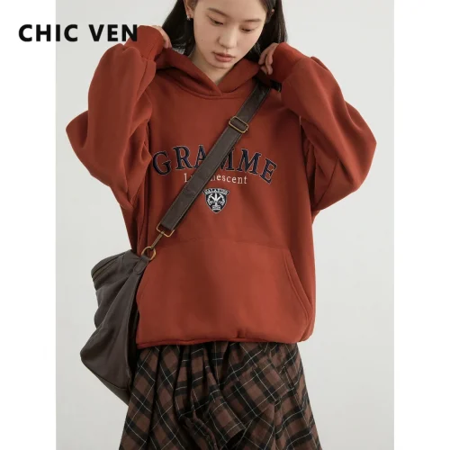 CHIC VEN Women Sweatshirts Loose Casual New Hooded Letter Embroidered Flush Hoodie Female Pullover Woman Top Autumn Winter 2024