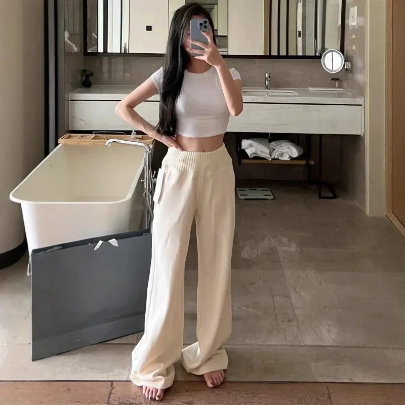 Women High Waist Knit Patchwork Fleece Lined Wide Leg Stacking Pants Elegant Slim Fit Winter Trousers Old Money Style Warm - Image 5