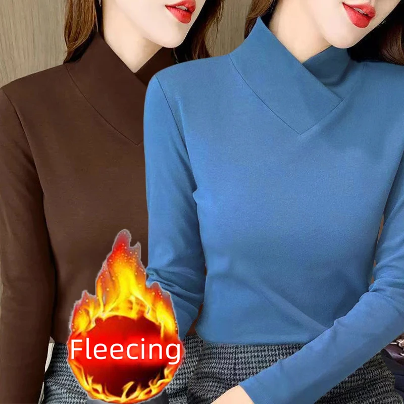 Autumn Winter Fleecing Matching Basic Tops Half High Collar Shirt And Blouse Long Sleeve T-shirt for Women Sweet Elegance Blouse