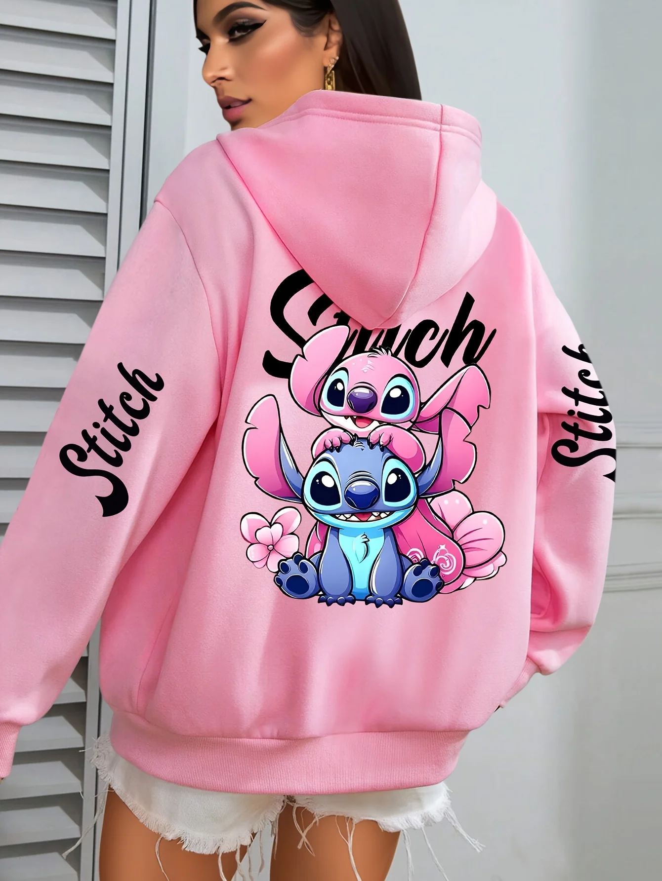 New Stitch and Angel Print Cotton Hooded Cartoon Sportswear Women Men Autumn Winter Pullover Casual Lightweight Women's Hoodies