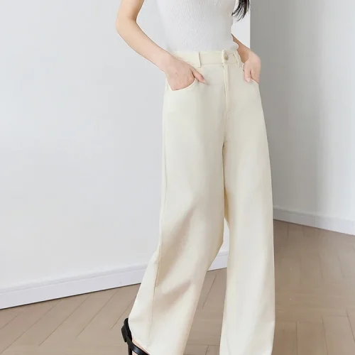 VIMLY Women 100% Cotton Casual White Straight Pants 2025 Autumn Office Lady Wide Leg Pants Loose Trousers Woman Clothing M9586