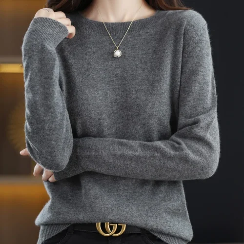 Fashion 100% Merino Wool Women's Sweater O-Neck Long Sleeve Pullover Spring Autumn Winter Basic Jumper Clothing Knitwear Tops