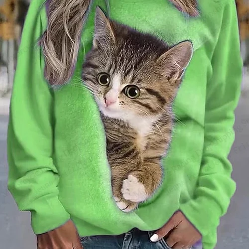 2026 New Cute Cat 3d Print O-Neck Hoodie Women Fashion Long Sleeve Crew Neck Animal Hoodie Sweatshirt Women's Clothing graphic