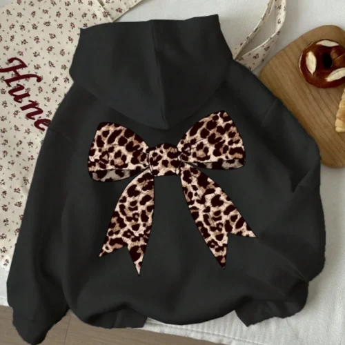 Women Street 2025 Winter Autumn Sweatshirt Leopard Print Bow Printed Top Casual Soft Comfortable Outdoor Sports Women Hoodies