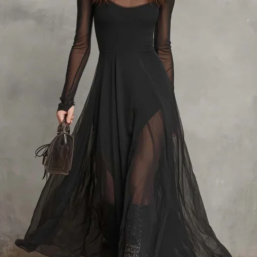 Women's O Neck Mesh Patchwork Maxi Dress Long Sleeve Solid Sexy Chic Party Dress for Spring Autumn Holiday Fashion Ladies Dress