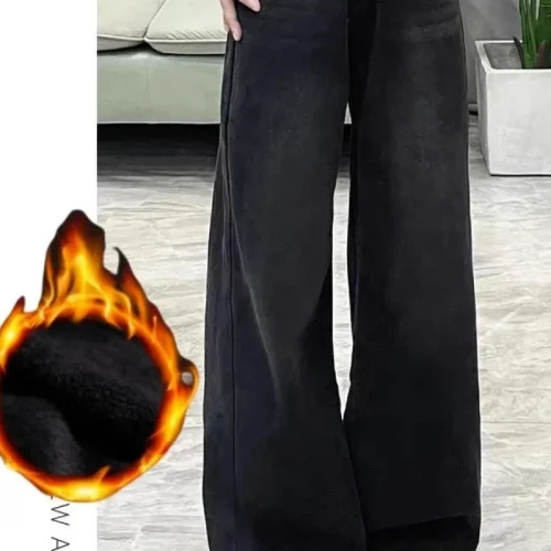 Womens Jeans Y2k Jeans Flared Trousers Black Gray Straight Leg Winter Warm Fleece Lined Loose Fit High Waist Wide Leg Fashion