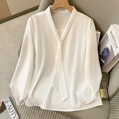 Solid Thin Chiffon Plus Size Shirt 2026 Women's Elegant Butterfly Knot V-neck Blouse Spring Autumn Fashion Long Sleeves Tops