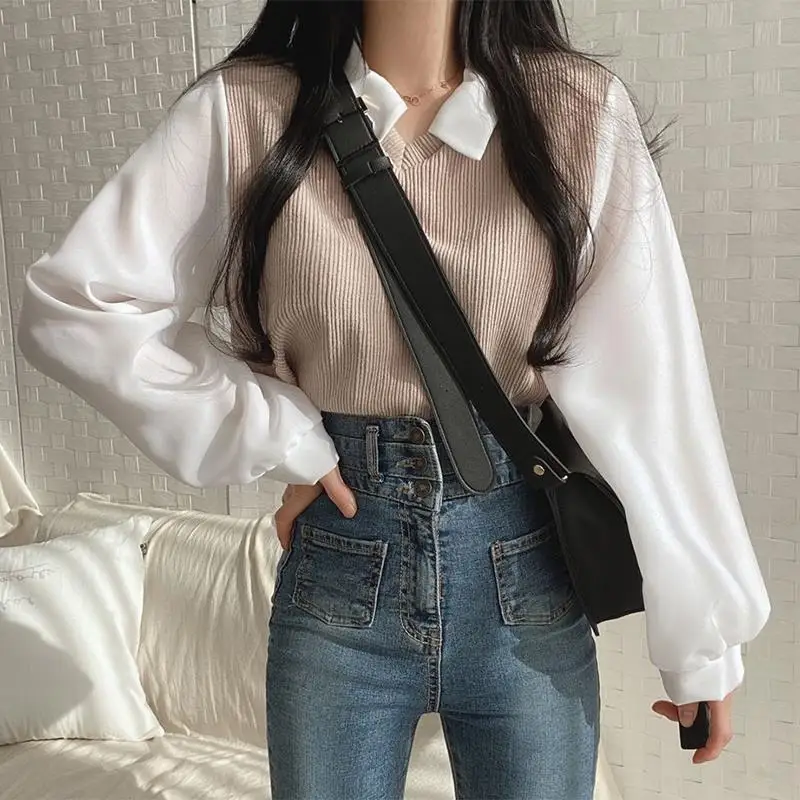 False Two-piece Polo Collar Women's Blouse Spring Casual Korean Shirt Y2k Tops Streetwear Loose Female Pullovers Elegant Blouses - Image 4