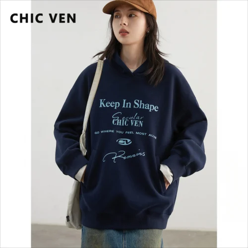CHIC VEN Women Sweatshirts Casual Sport Hooded Letter Printed Fleece Hoodie Loose Female Top Woman Coat Autumn Winter 2024