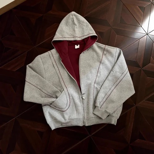 American Vintage Hooded Gray Sweatshirt Men Autumn Winter Loose Fit Design Casual Jacket Couple Hoodie Street Fashion