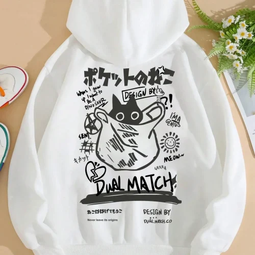 Cute Cat Cartoon Printed Sweatshirt Women Harajuku Casual Loose Hooded Fashion Soft Pocket Hoodies Autumn Warm Female Clothes
