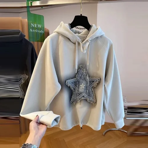 Women Korean Fashion Print Patch Hooded Sweatshirts Vintage Streetwear Y2K Loose Hoodie Female Casual Long Sleeve Pullover Tops