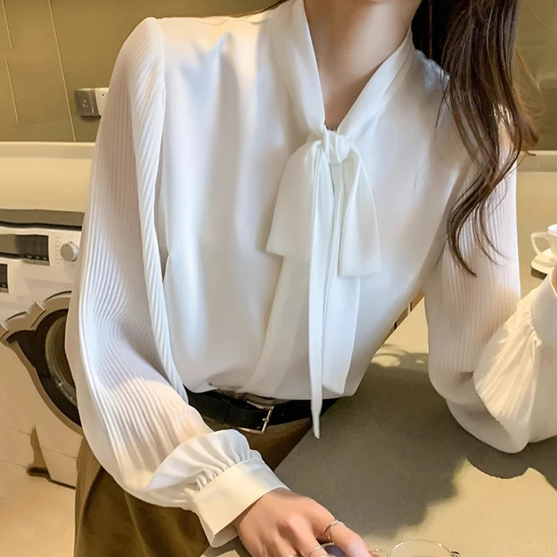 Elegant Bow Lace Up White Blouses for Women Chic Pleated Long Sleeve Shirt Woman Spring Summer Casual Office Wear Chiffon Blouse - Image 4