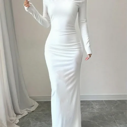Solid Color Women's Dress New Spring Autumn Style Slim-Fit Off-the-Shoulder Long Sleeve Casual Maxi Length Dress Ropa Mujer