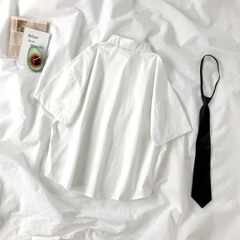 White Shirts Women Fashion Black Tie Japan Style Preppy Students JK Girls Blouse Simple Solid Loose Summer Button Up Tops New - Image 3