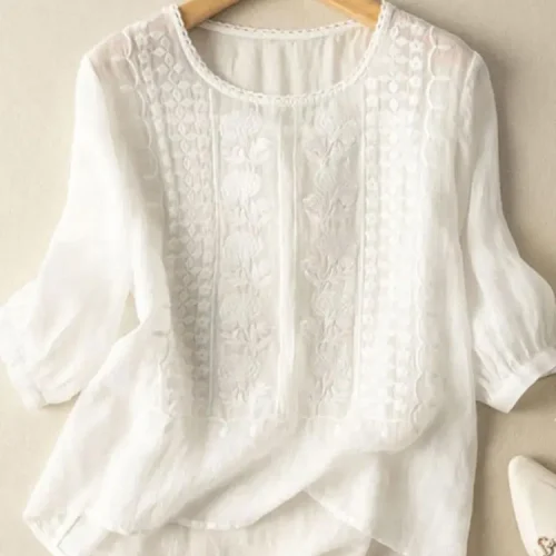 ZANZEA Elegant Women Embroidered Blouses Autumn 2024 3/4 Puff Sleeve Transparent Blusas Mujer Casual Vintage Cotton Shirts Tops