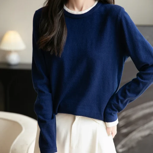 Top Women O Neck Thin T-Shirt Knit New Pullover Summer Spring Fashion Basic Long Sleeve Wool Fake Two Pieces Soft Woman Clothing