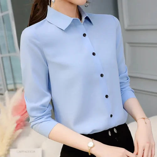 Basic Long Sleeve Shirts for Women Korean Style Elegant Button Up Shirts Woman Spring Summer Solid Casual Blouses Office Lady