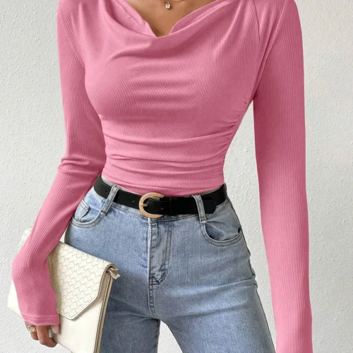 Women's Long Sleeve Shirts Casual Fall Henley Top Down Blouses Basic Ribbed Knit T Shirts 2024 Fall Fashion for Women