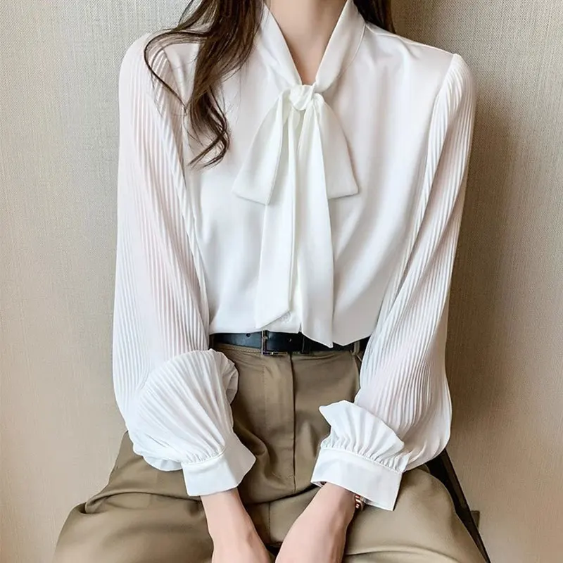 Elegant Bow Lace Up White Blouses for Women Chic Pleated Long Sleeve Shirt Woman Spring Summer Casual Office Wear Chiffon Blouse - Image 5