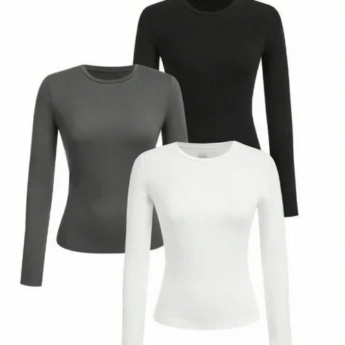 Women's solid-color long-sleeved T-shirt - Polyester knitted fabric, round neck, regular fit, fall-winter style