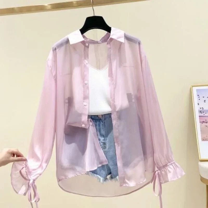 Smvp Chiffon Blouses for Women Summer Thin Loose Button-Up Sunscreen Shirt Woman Korean Fashion Bow Lace-up Long Sleeve Shirts - Image 2