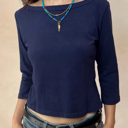 Solid Basic Three Quarter Sleeve T-shirts Woman Autumn Slash Neck Cotton Slim Crop Top Female Casual Simple All-match Tee Shirts