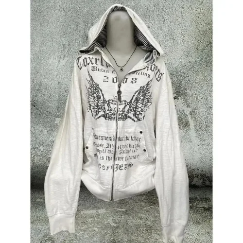 Gohic Vintage Sweatshirts Women's Jackets White Print Tunic Hooded Y2k Coat Streetwear Fashion Casual Hoodies Tops Ropa Mujer