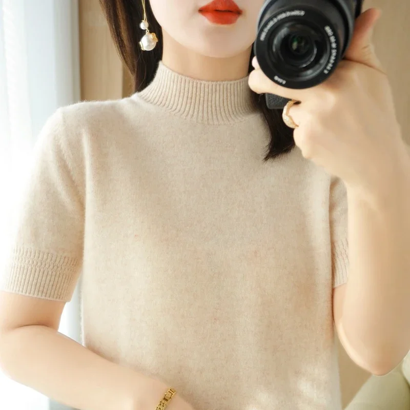 Spring Autumn Women Sweater Casual Warm Bottoming Shirts Mock Neck Basic Knitwear Short Sleeve Pullovers Korean Fashion Jumper - Image 3